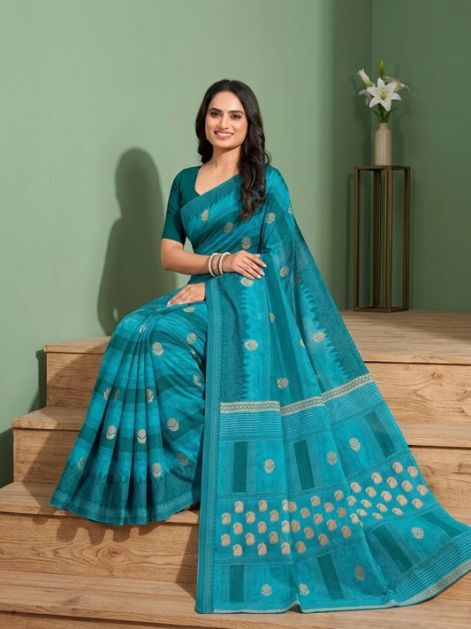 Minu fashions Printed Daily Wear Pure Cotton Saree (Dark Blue)