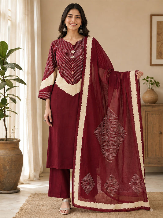 Himanshi Women Red Pure Cotton Straight Kurta Set with Palazzo & Dupatta | Ank