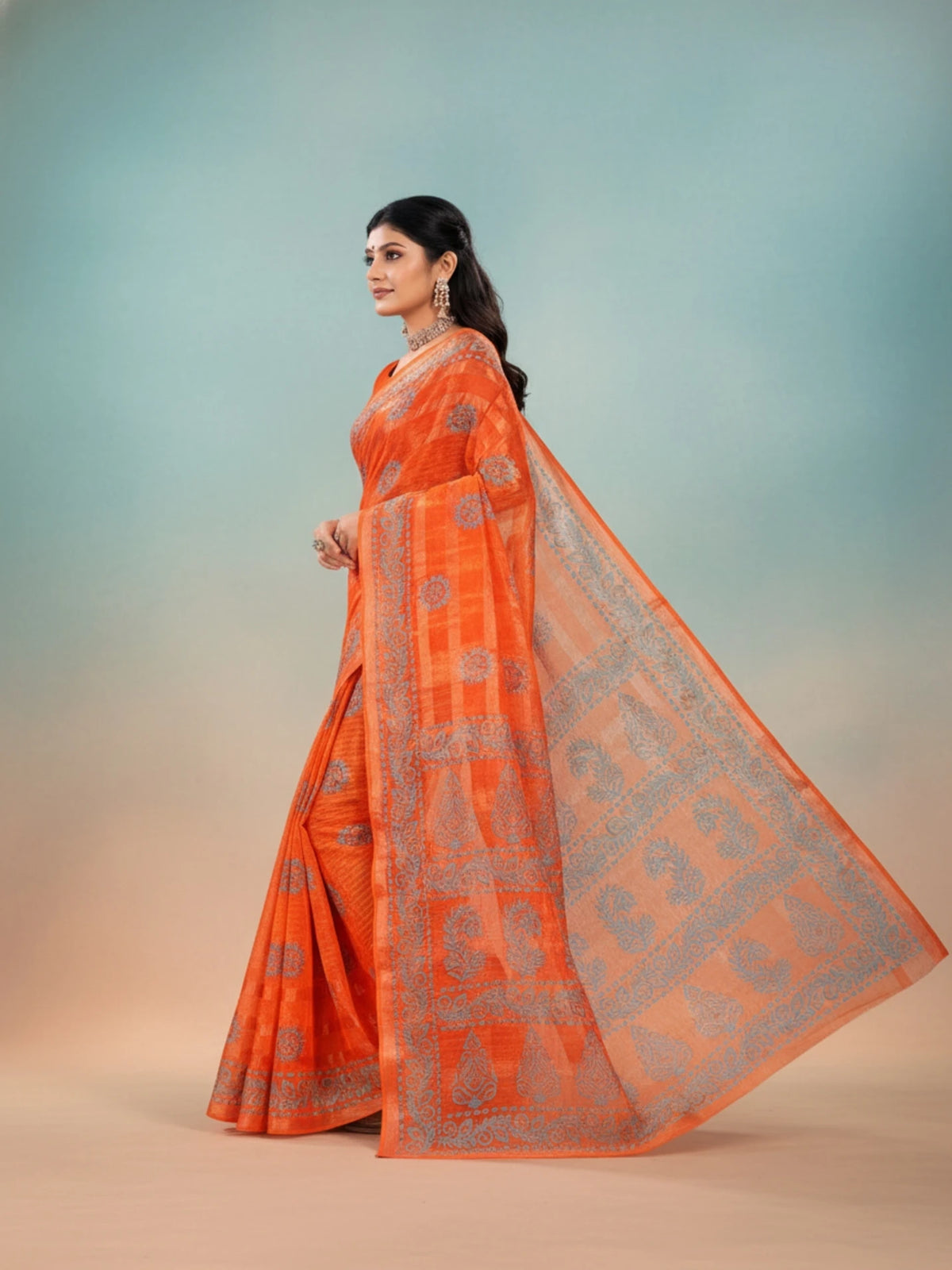Minu fashions Printed Daily Wear Pure Cotton Saree ( Orange )