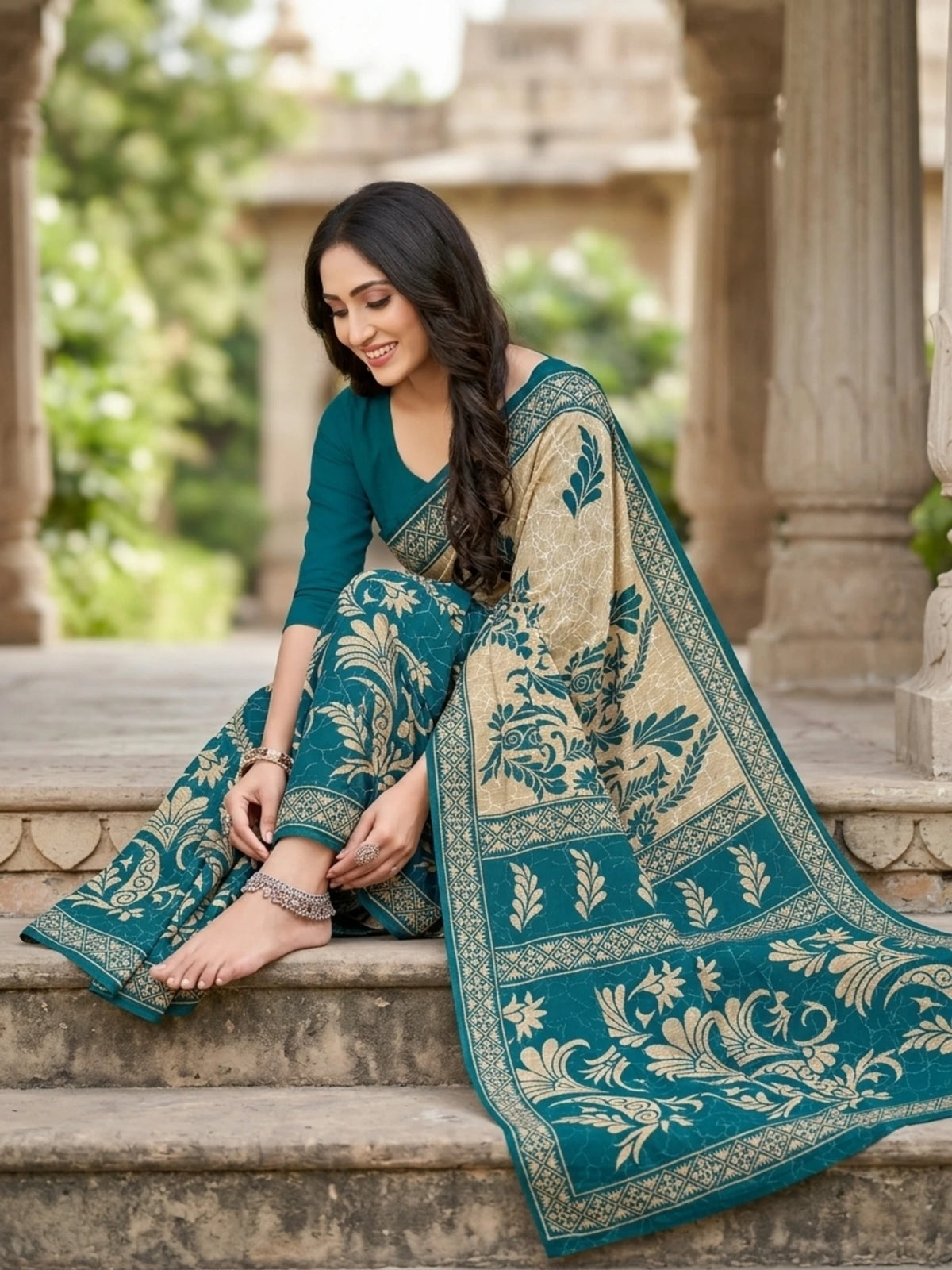 Minu fashions Printed Daily Wear Pure Cotton Saree (Dark Blue)