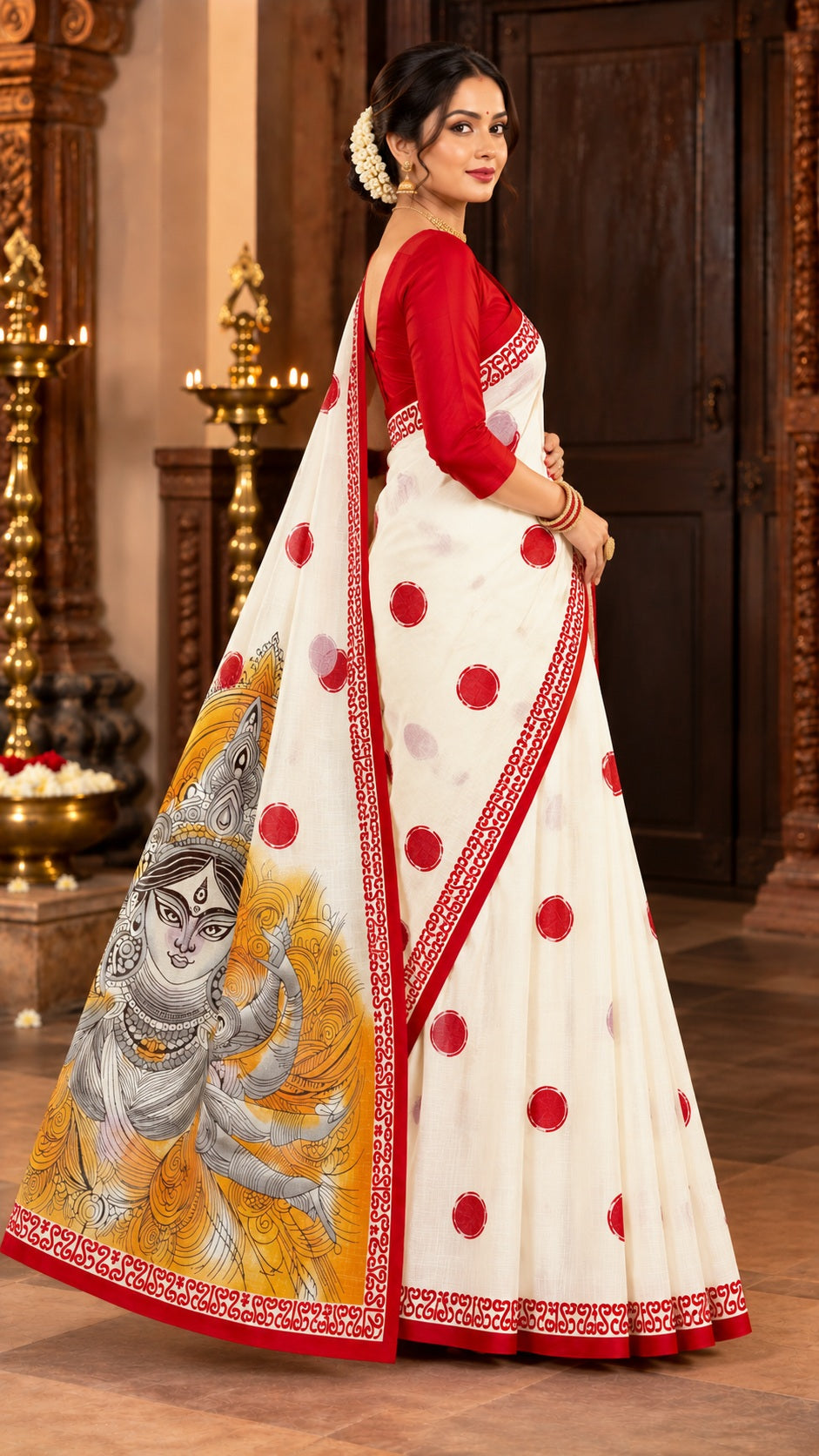 Minu | Women Red & White Durga Puja Special Folk Art Printed Saree