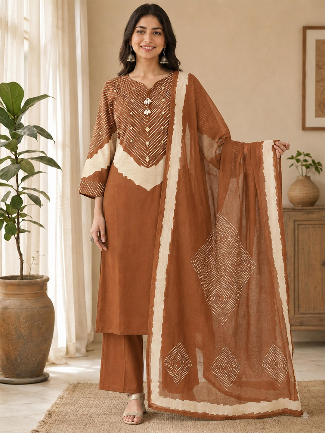 Himanshi Women Orange Pure Cotton Straight Kurta Set with Palazzo & Dupatta | Ank