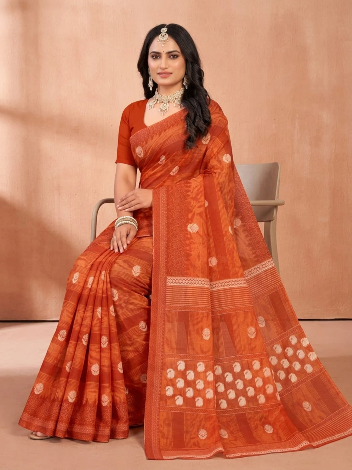 Minu fashions Floral Print Daily Wear Pure Cotton Saree (Orange)