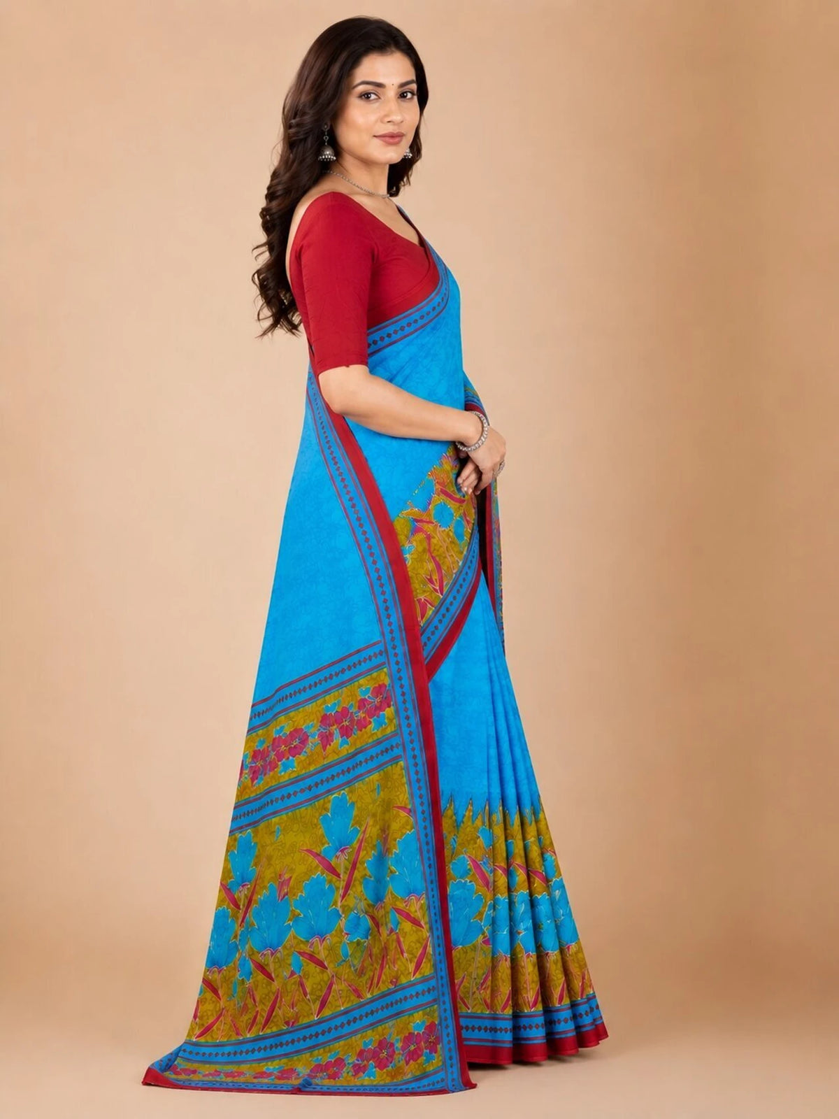 Minu fashions Printed, Floral Print Daily Wear Pure Cotton Saree (Blue)