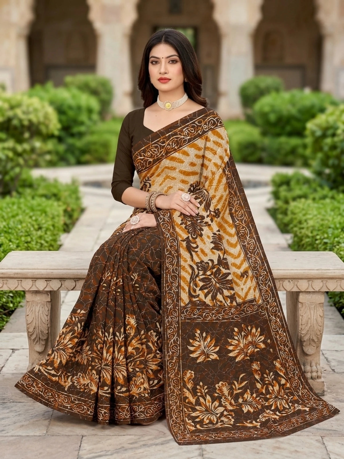 Minu fashions Printed Daily Wear Pure Cotton Saree (Brown)