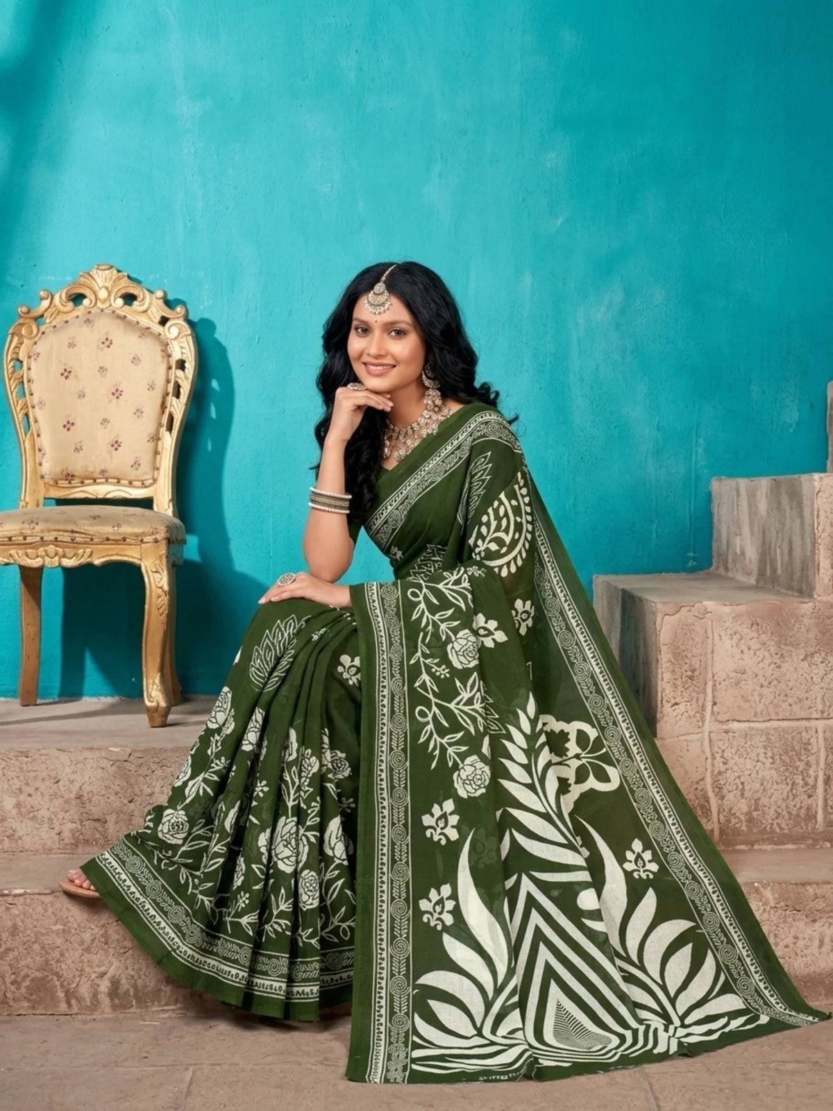 Minu fashions Printed Daily Wear Pure Cotton Saree (Green)
