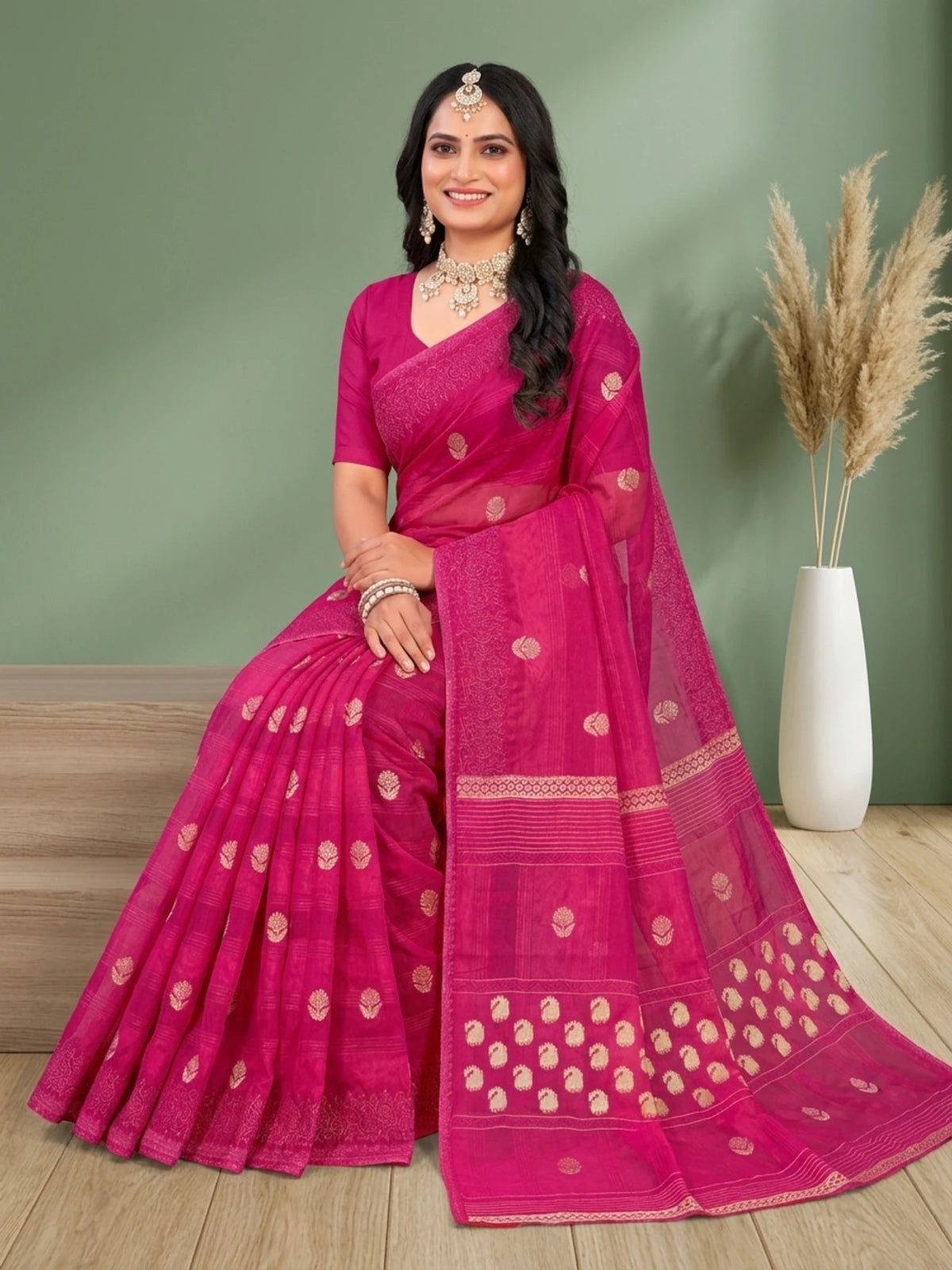 Minu fashions Floral Print Daily Wear Pure Cotton Saree (Pink)