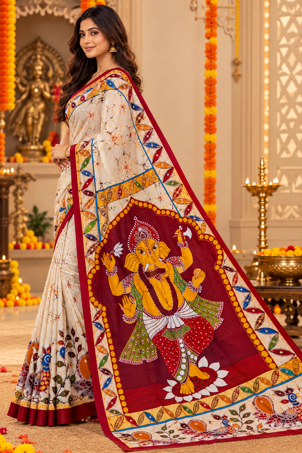 Minu | Puja Special Multicolor Printed Saree with Lord Ganesha Pallu & Peacock Motifs