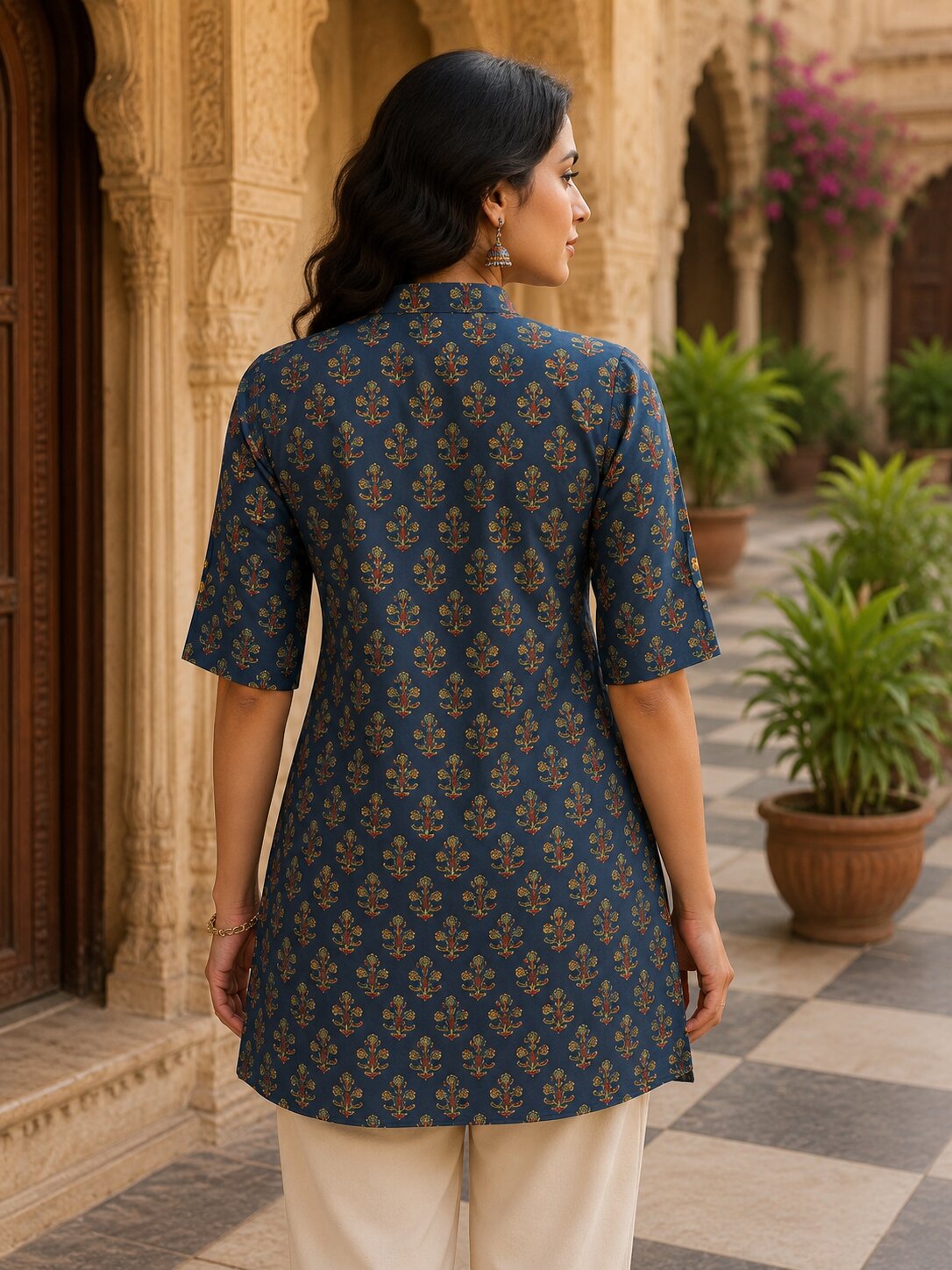 Minu Fashions Ayesha Ajrakh Floral Print Pure Cotton Straight Tunic Short Top for Women