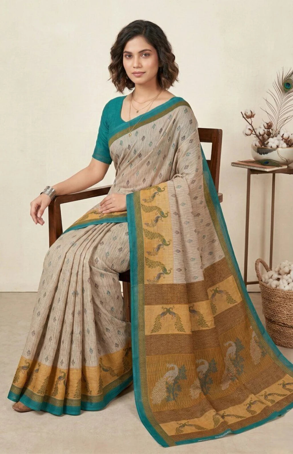 Minu Fashions Jiva Beige & Teal Cotton Linen Peacock Print Saree