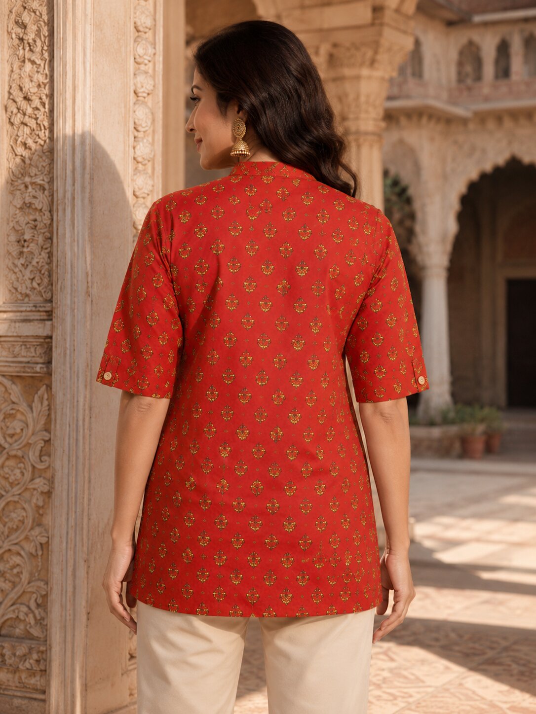 Minu Fashions Ayesha Ajrakh Floral Print Pure Cotton Straight Tunic Short Top for Women