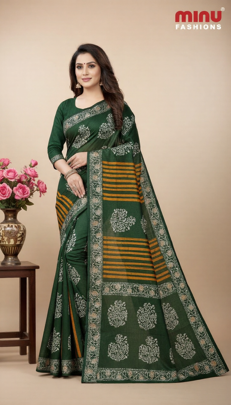 Kacha Badam Batik Cotton Printed Saree Green 3809