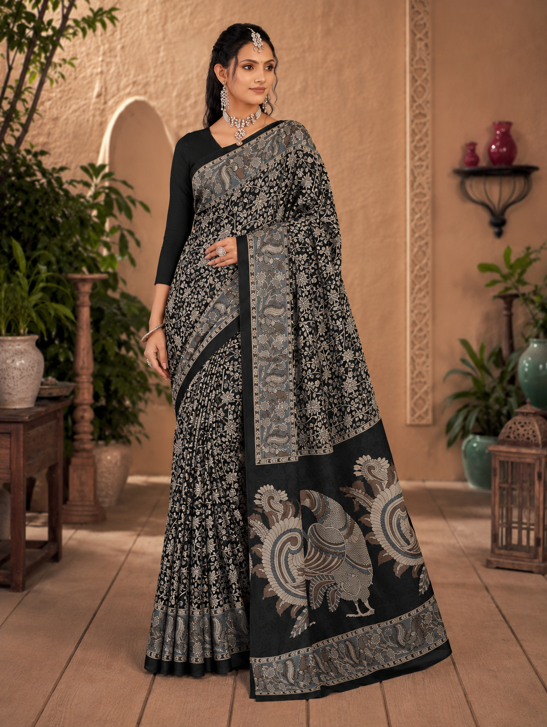 Srimoyee Traditional Black Floral Print Premium Cotton Saree