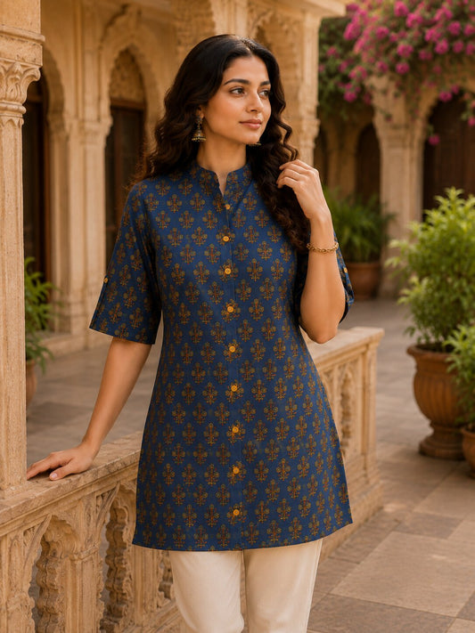 Minu Fashions Ayesha Ajrakh Floral Print Pure Cotton Straight Tunic Short Top for Women