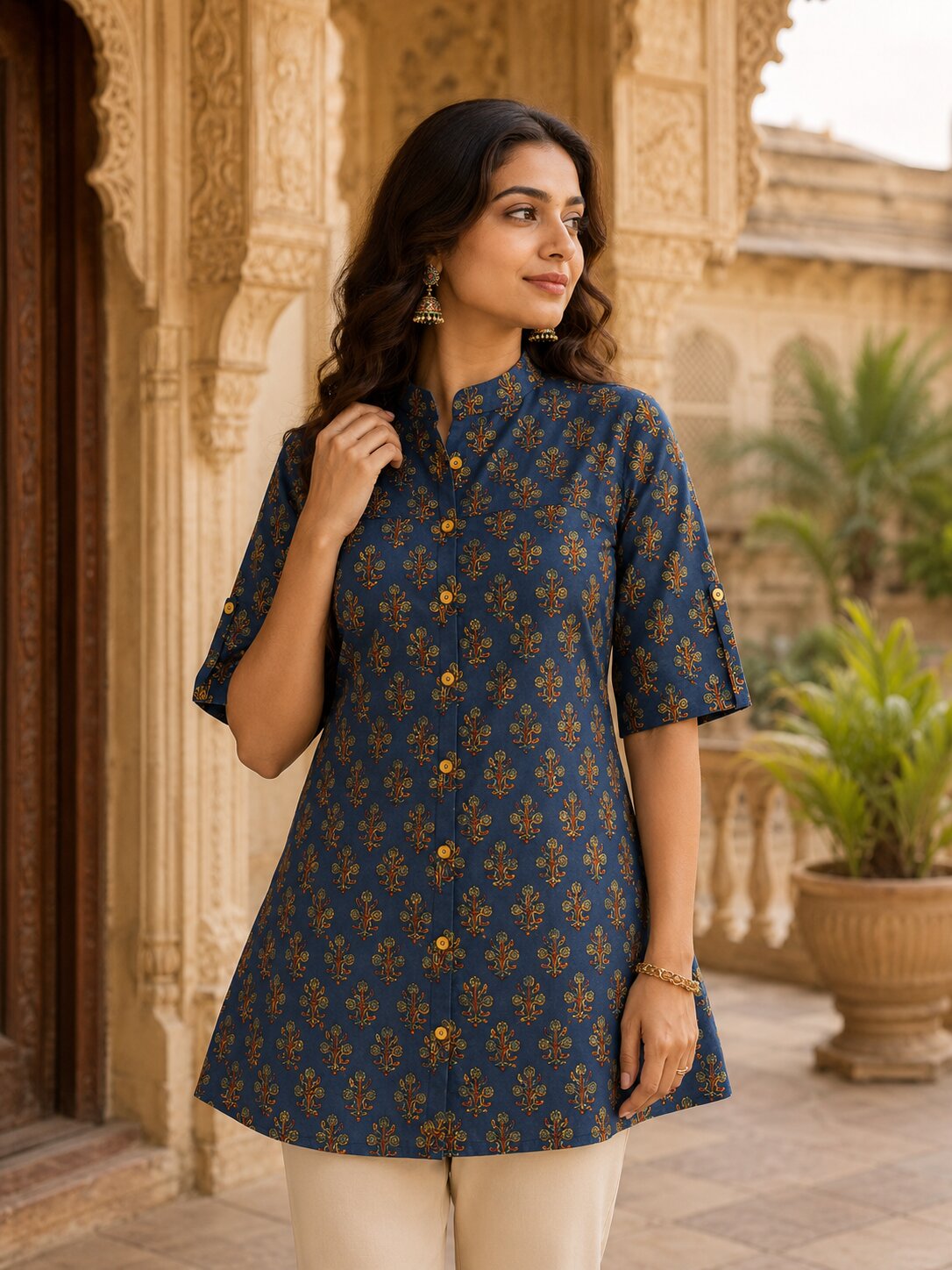 Minu Fashions Ayesha Ajrakh Floral Print Pure Cotton Straight Tunic Short Top for Women