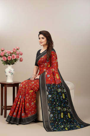 Boutique Special Gold Cotton Printed Red Saree