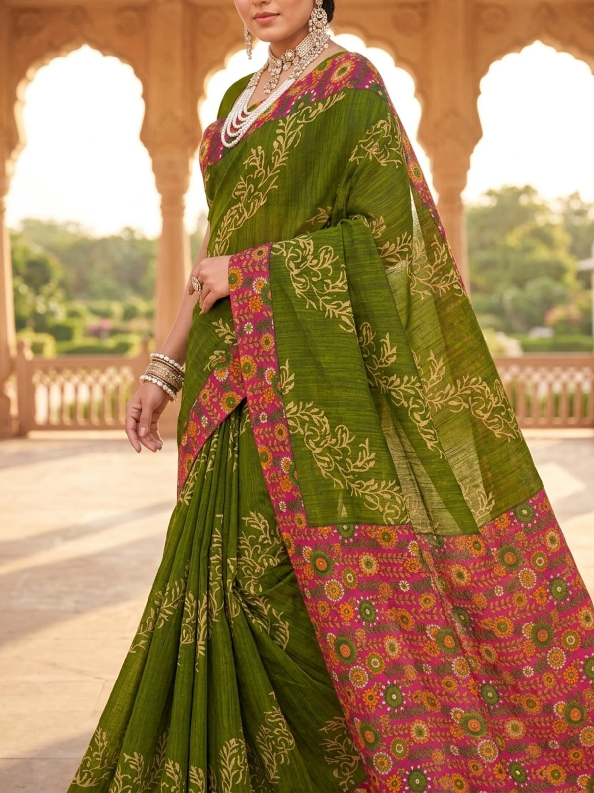 Minu fashions Printed Daily Wear Cotton Blend Saree (Green)