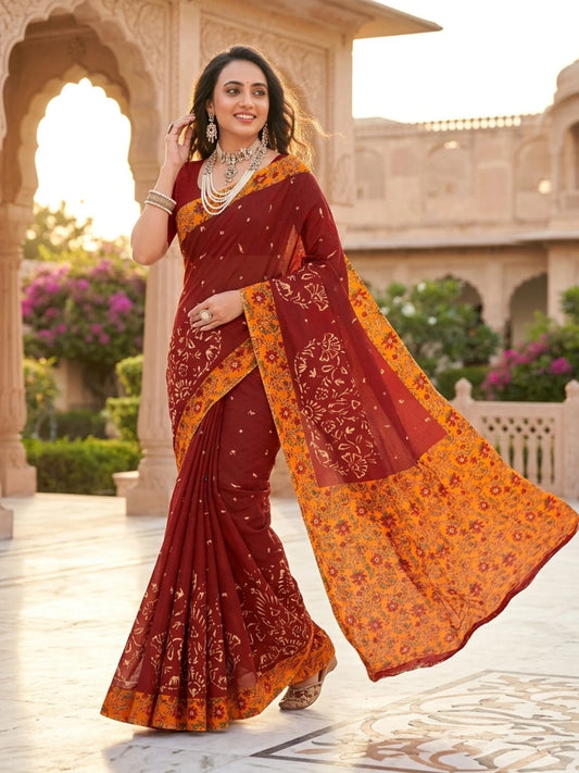 Minu fashions Printed Daily Wear Cotton Blend Saree (Maroon)