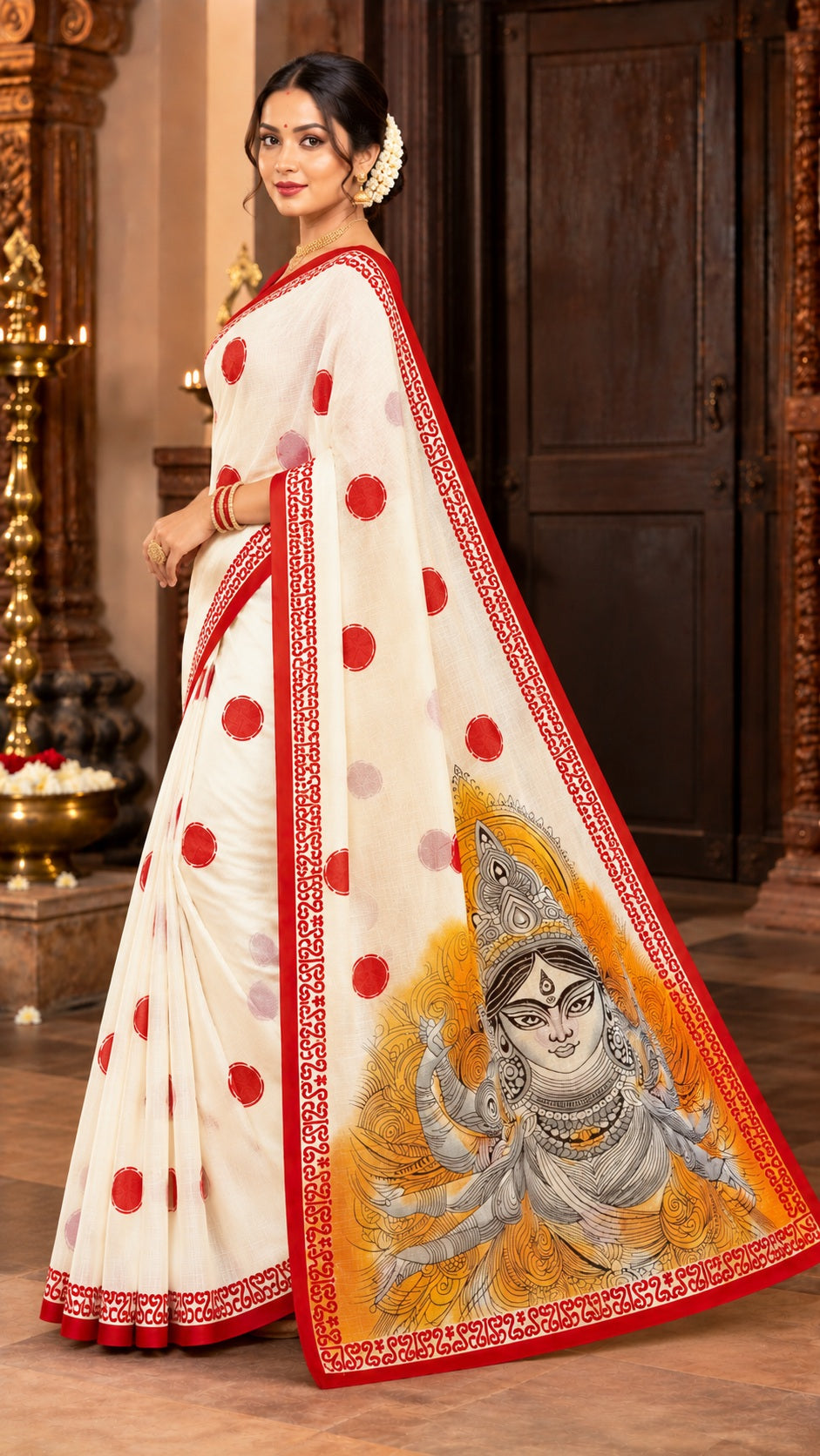 Minu | Women Red & White Durga Puja Special Folk Art Printed Saree
