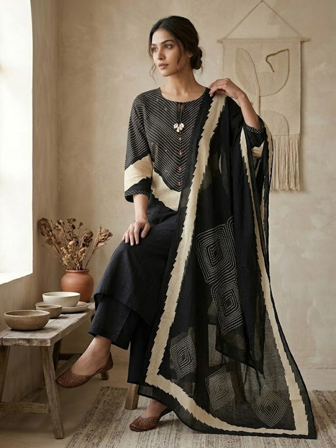 Himanshi Women Black Pure Cotton Straight Kurta Set with Palazzo & Dupatta | Ank