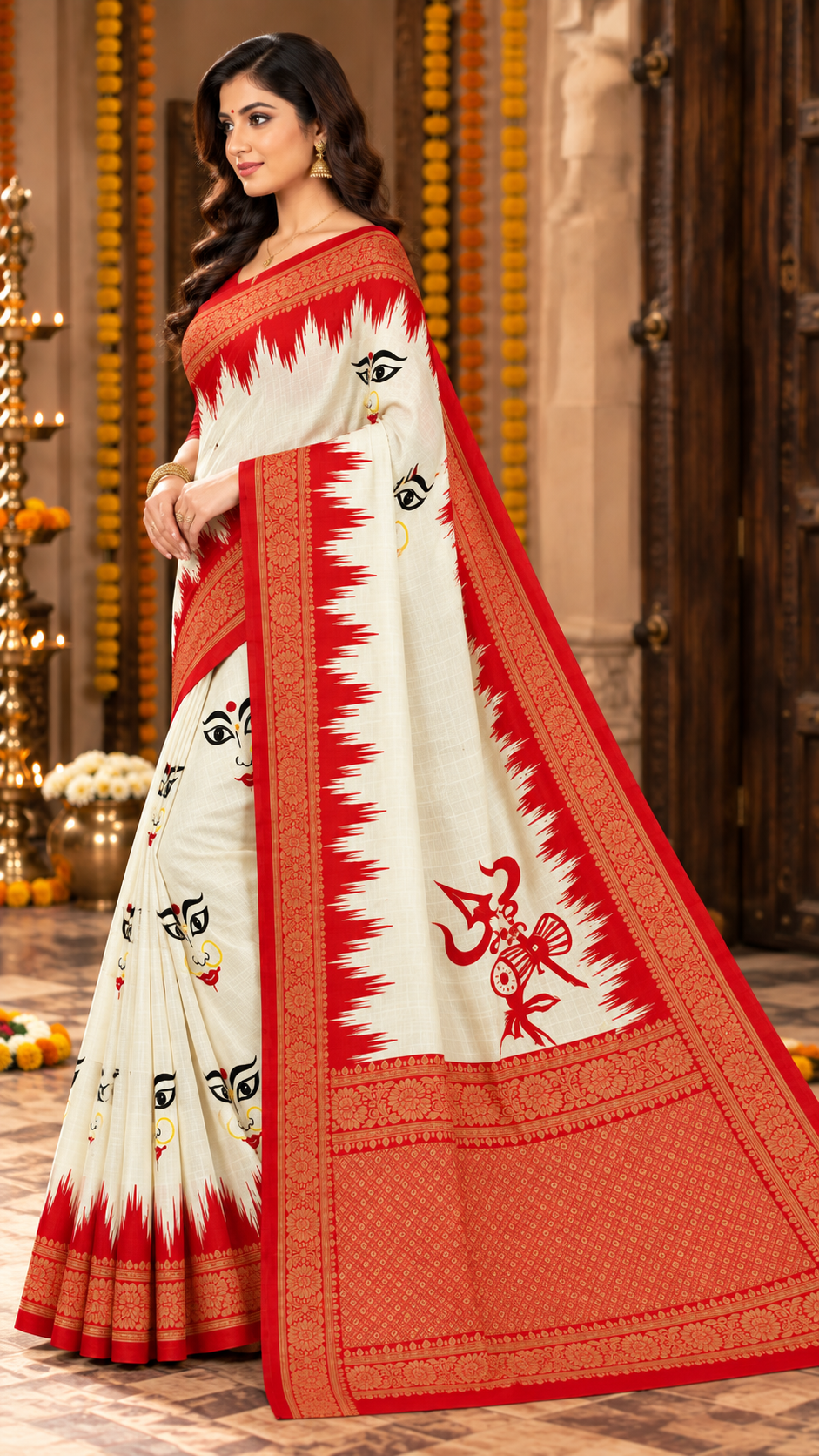 Minu | Women Durga Puja Special Multicolor Malai Cotton Folk Art Printed Saree
