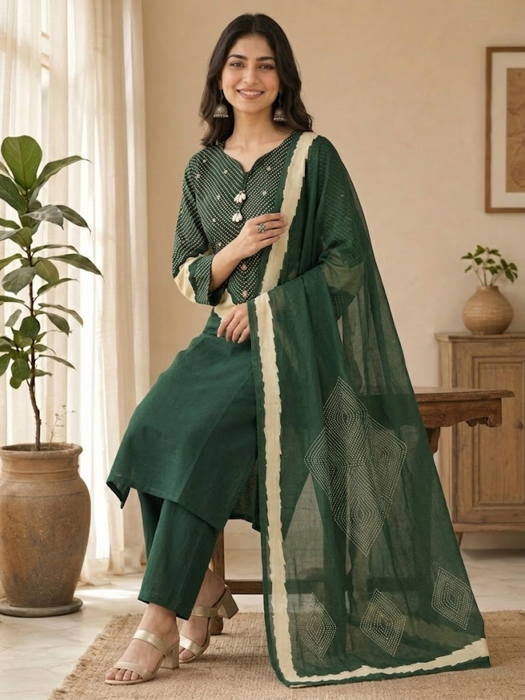 Himanshi Women Green Pure Cotton Straight Kurta Set with Palazzo & Dupatta | Ank