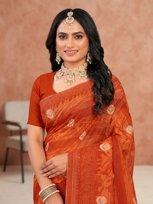 Minu fashions Floral Print Daily Wear Pure Cotton Saree (Orange)