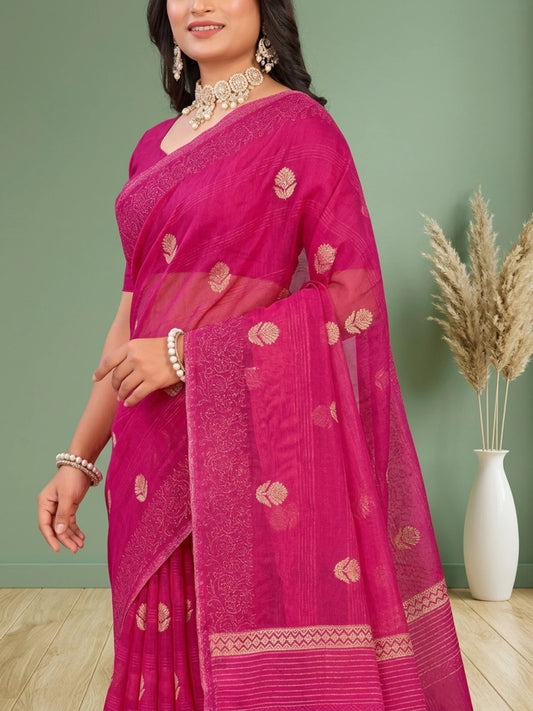 Minu fashions Floral Print Daily Wear Pure Cotton Saree (Pink)