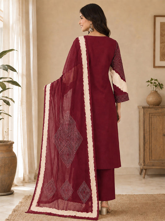 Himanshi Women Red Pure Cotton Straight Kurta Set with Palazzo & Dupatta | Ank
