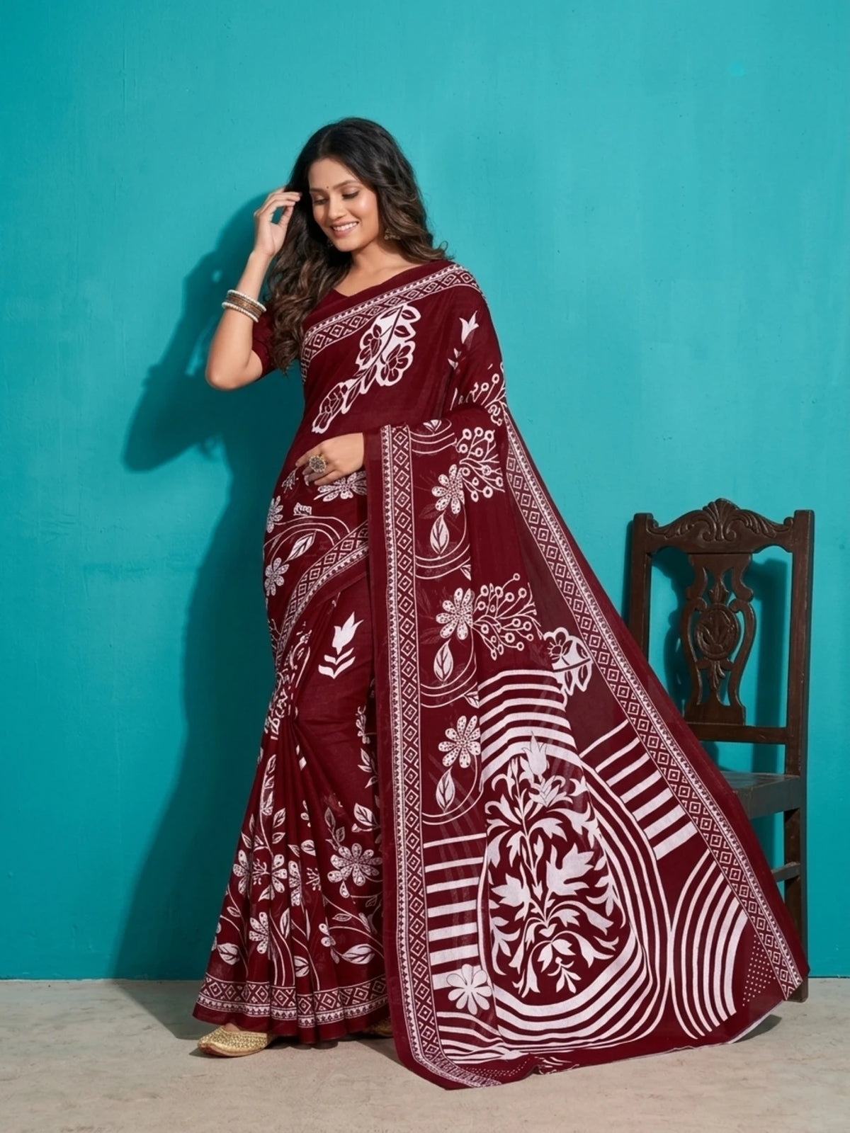 Minu fashions Printed Daily Wear Pure Cotton Saree (Maroon)