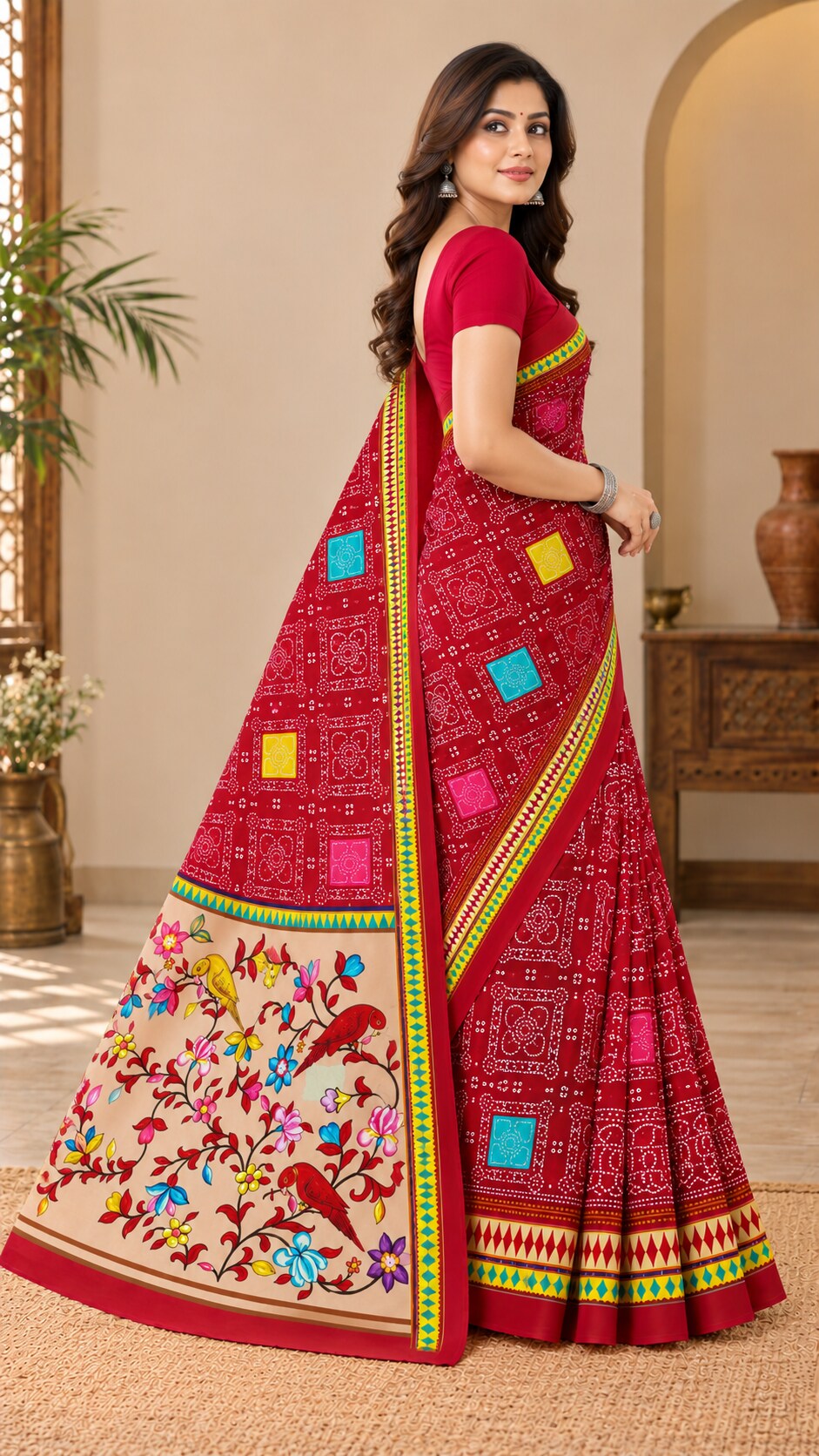 Minu | Women’s Multicolour Malai Cotton Folk-Art Madhubani Printed Saree with Contrast Border