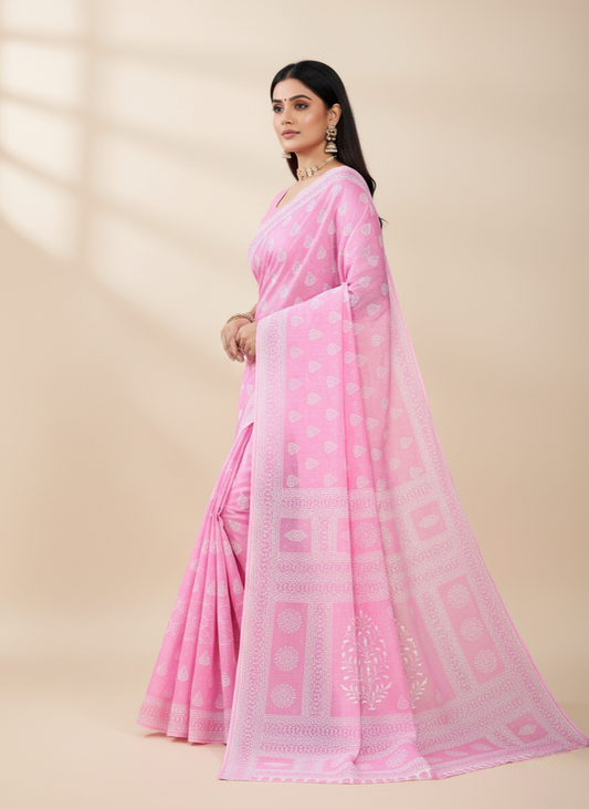 MINU SAREE PESTAL MAGIC Pink Cotton Printed Saree