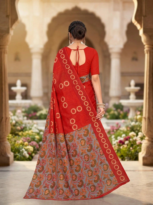 Minu fashions Printed Daily Wear Cotton Blend Saree (Red)