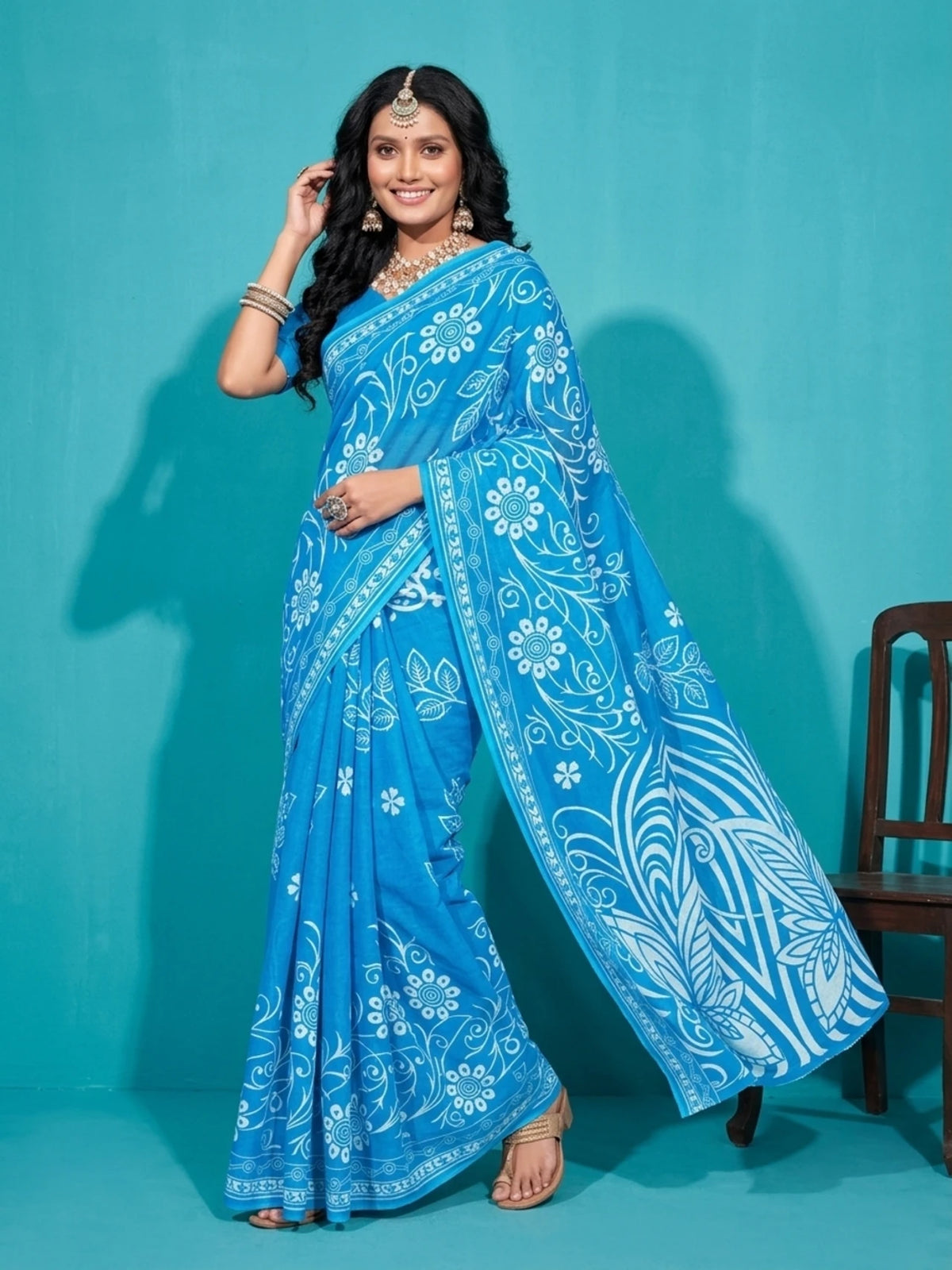 Minu fashions Printed Daily Wear Pure Cotton Saree (Blue)