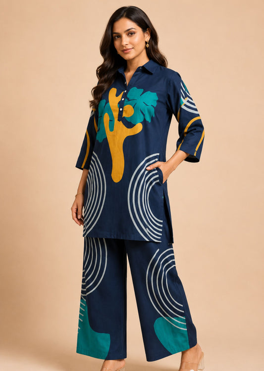 Juni Navy Blue Abstract Printed Co-Ord Set