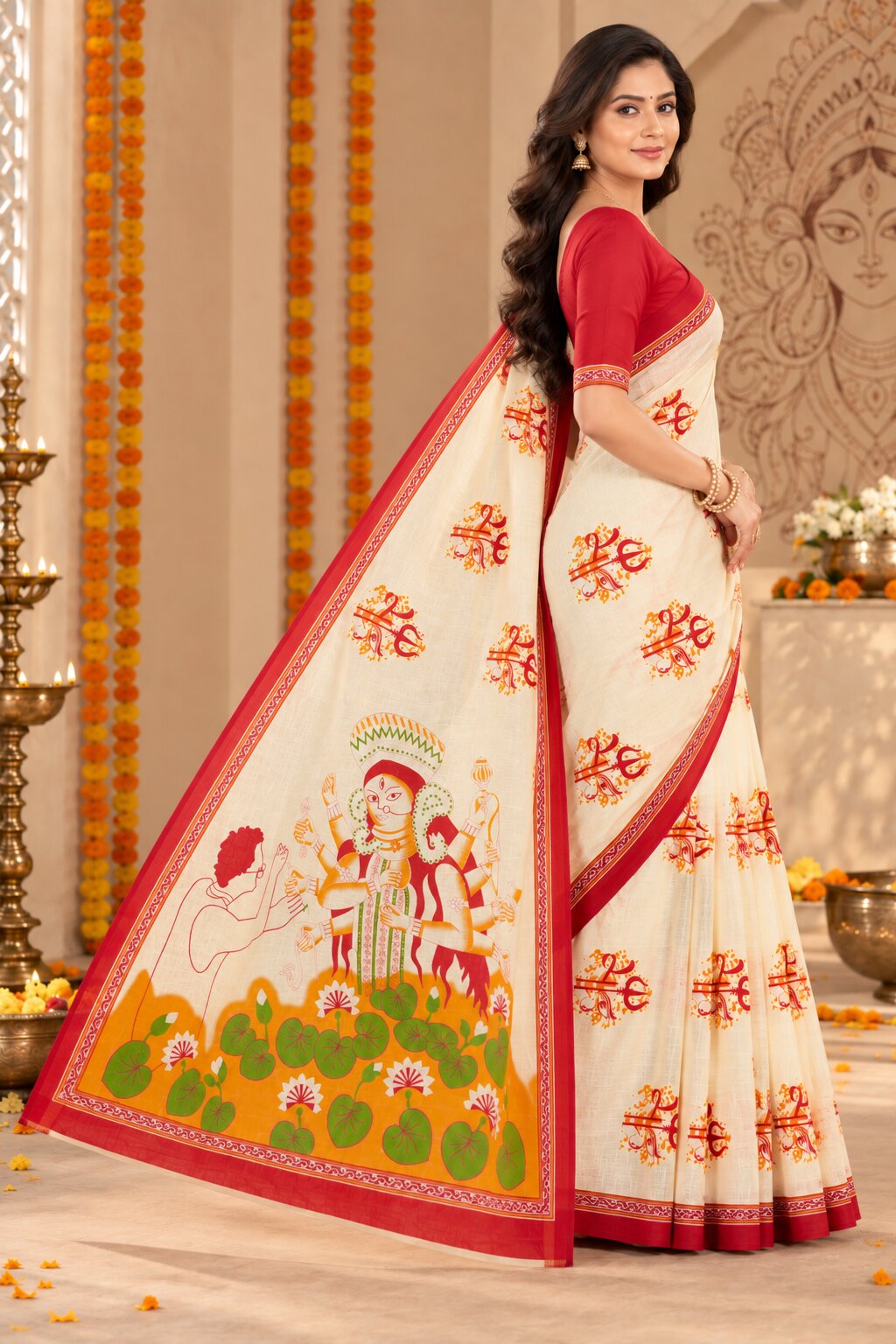 Minu | Women Durga Puja Special Saree White Malai Cotton Folk Art Printed with Red Border