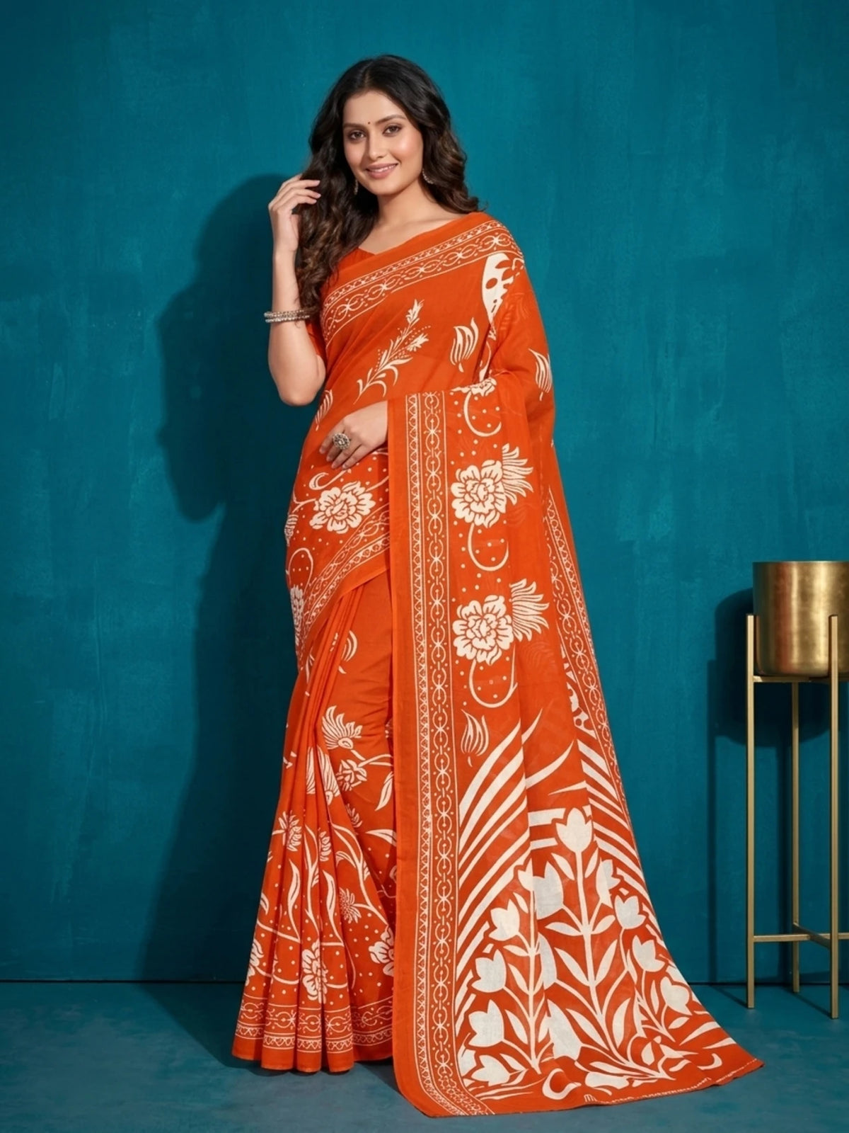 Minu fashions Printed Daily Wear Pure Cotton Saree (Orange)