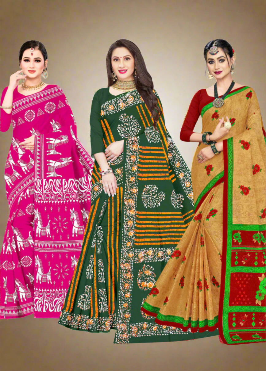 Combo Of Cotton Printed Sarees - Pack of 3