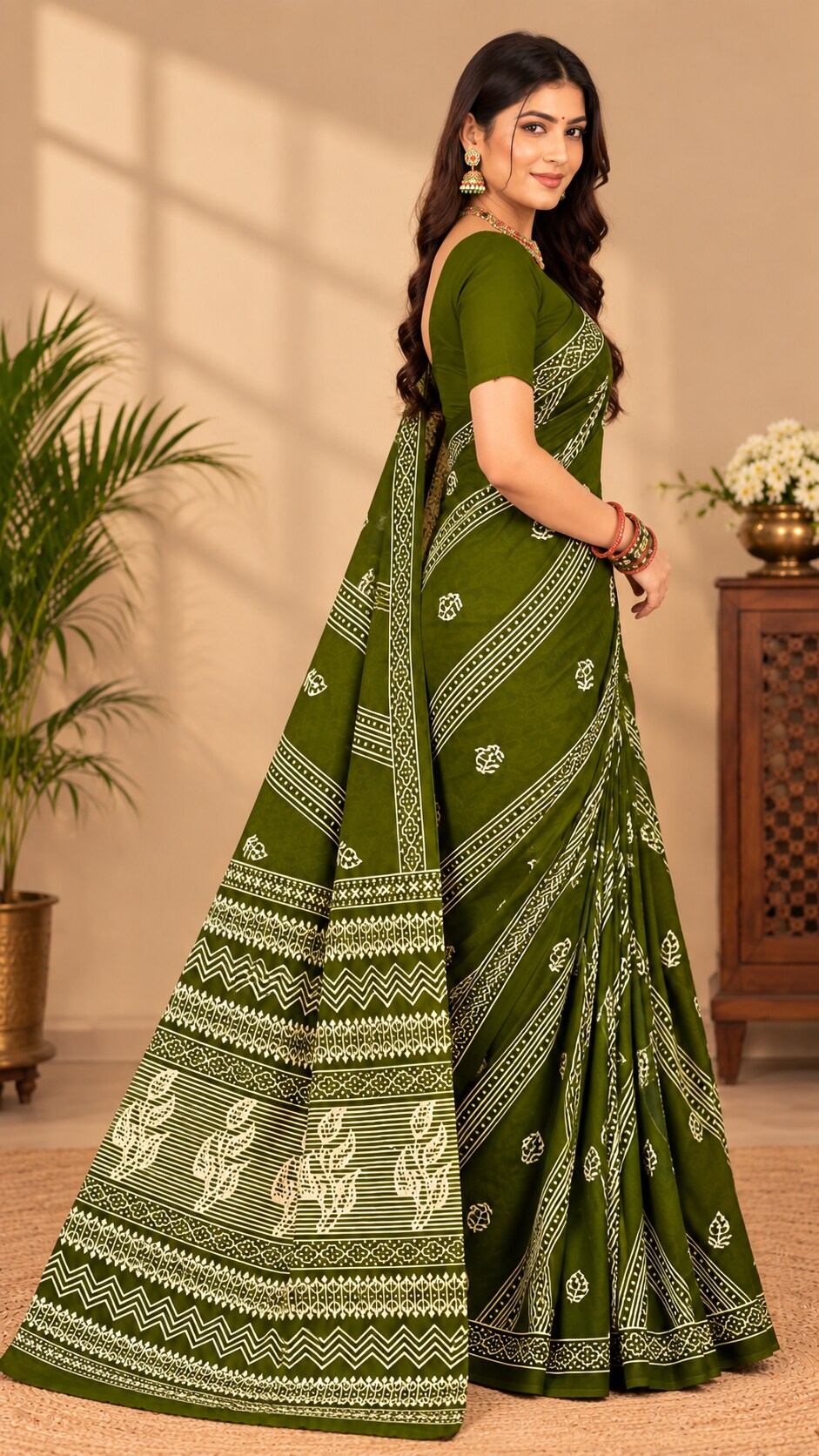 MINU | Women Olive Green Printed Saree with Matching Blouse Piece