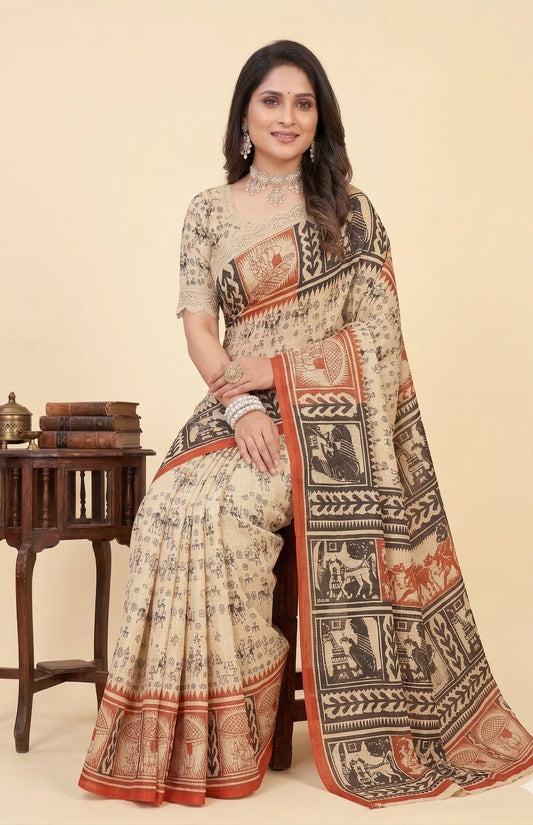 Minu fashions Printed Daily Wear Pure Cotton Saree (Multicolor)