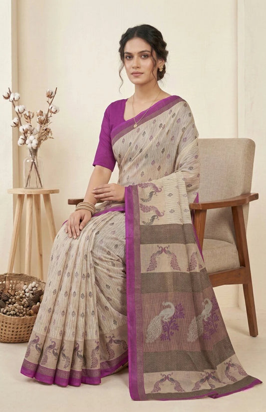 Minu fashions Printed Daily Wear Pure Cotton Saree (Cream)