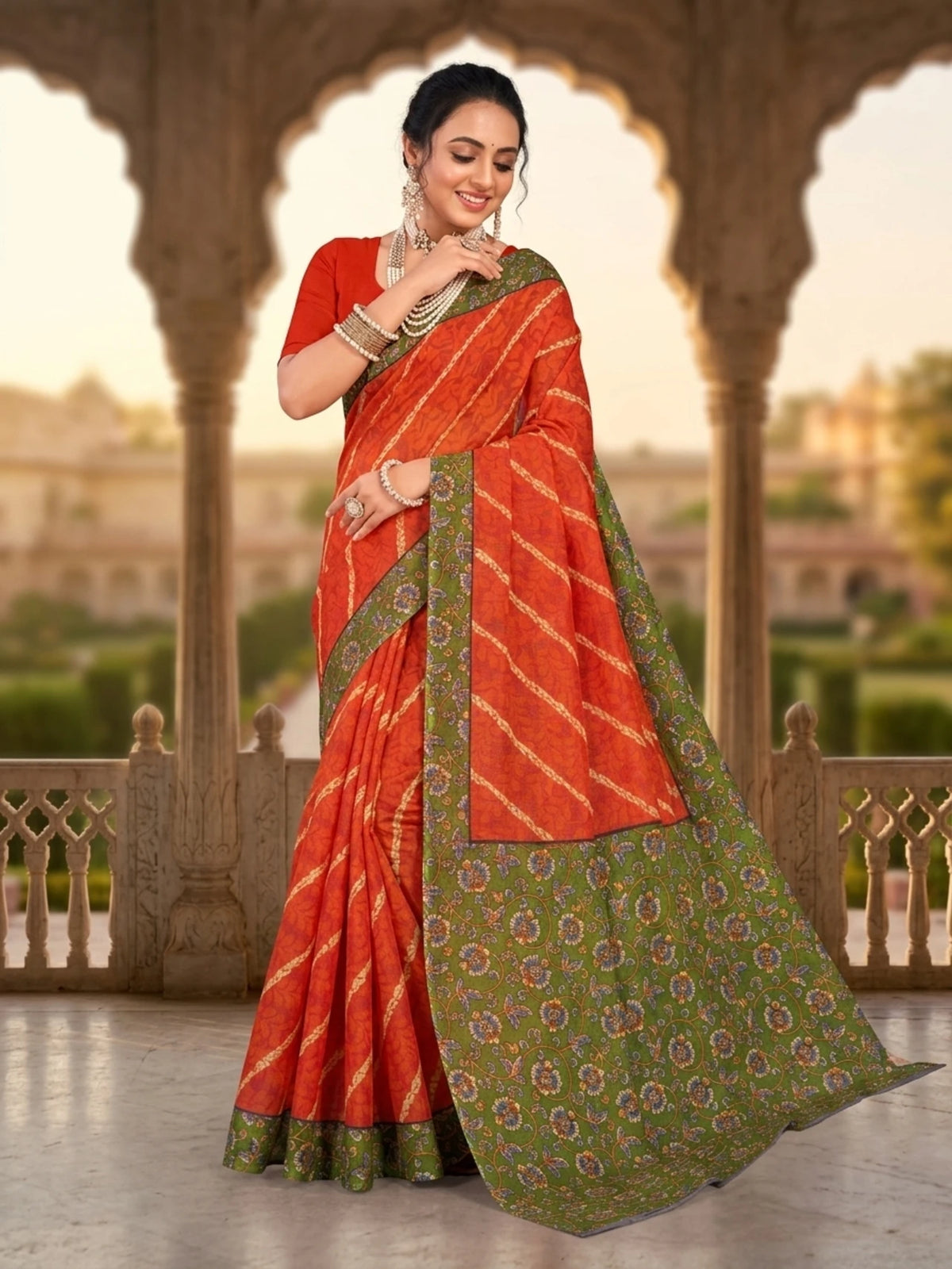 Minu fashions Printed Daily Wear Cotton Blend Saree (Orange)