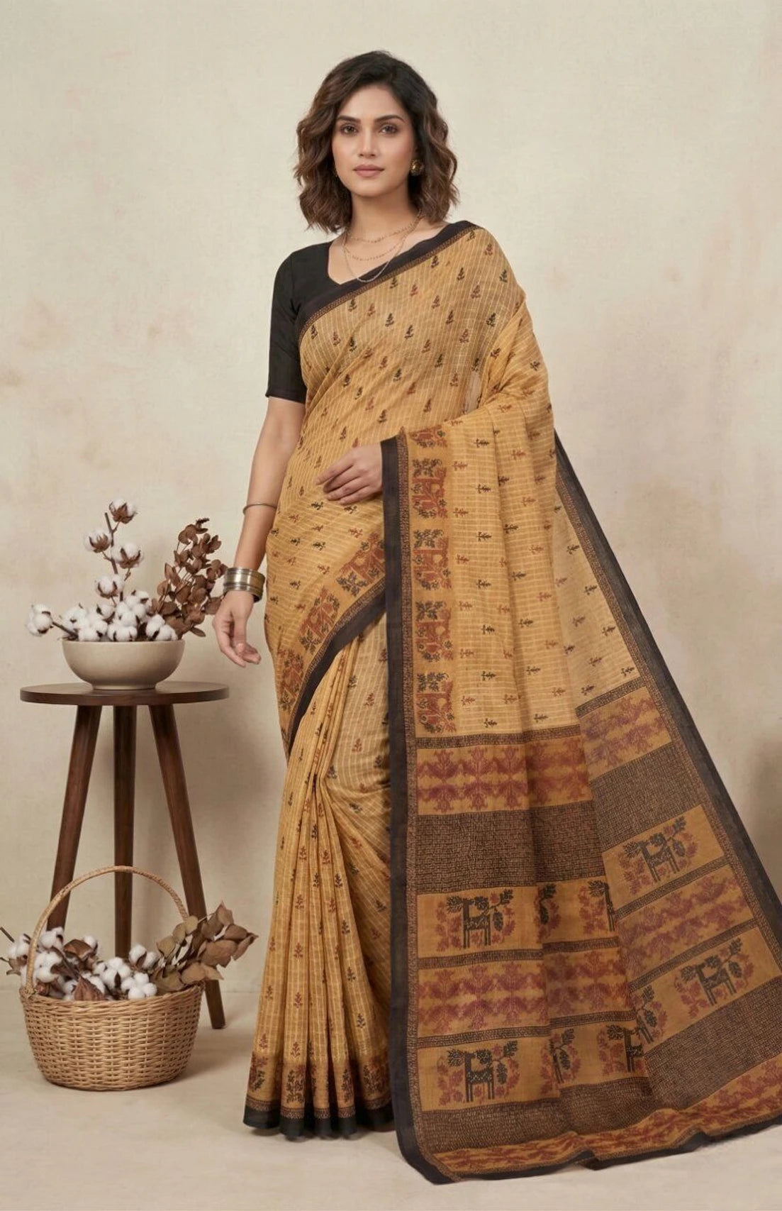 Minu fashions Printed Daily Wear Pure Cotton Saree (Beige)
