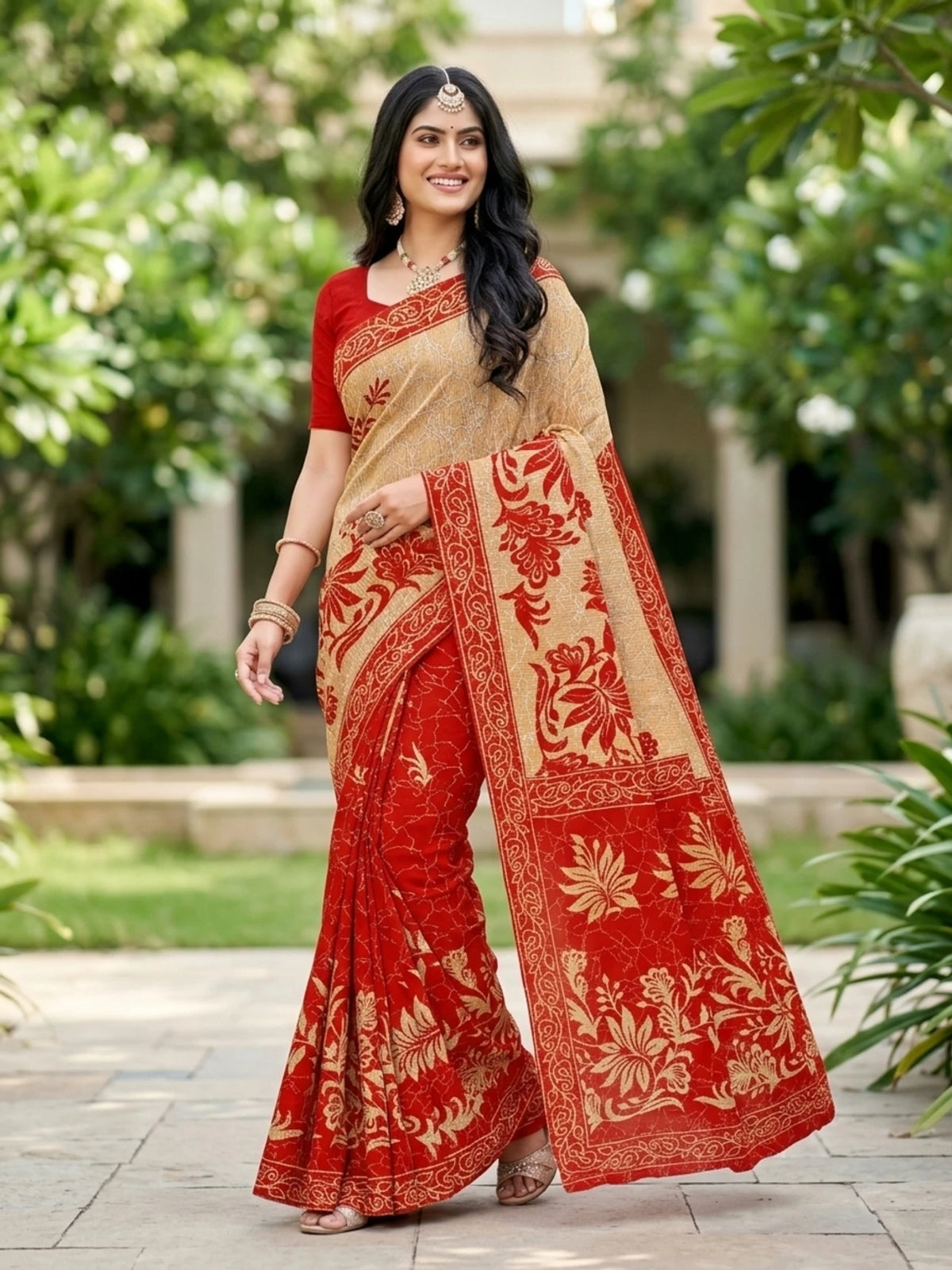 Minu fashions Printed Daily Wear Pure Cotton Saree (Red)