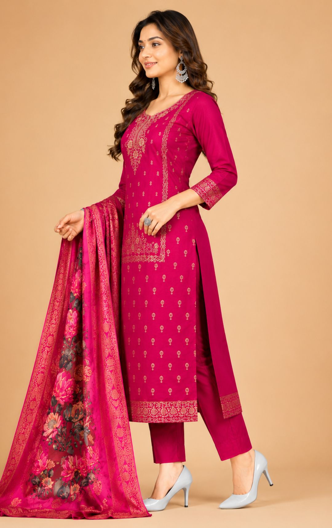Celebrity Women Chanderi Zari Work Kurta with Round Neck, Three-Quarter Sleeves, Salwar with Elasticated Waistband & Floral Printed Dupatta Set | Ank