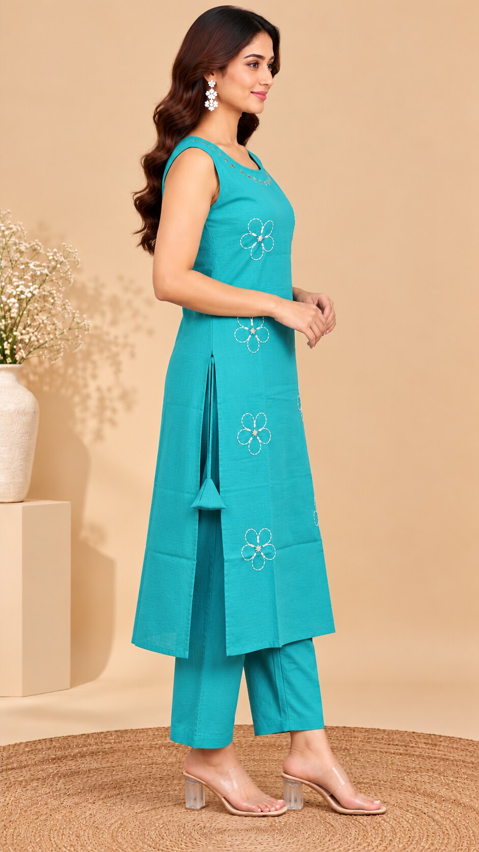 Pranika Skin Vartican Silk Straight Kurti Set with Mirror Work | Ank