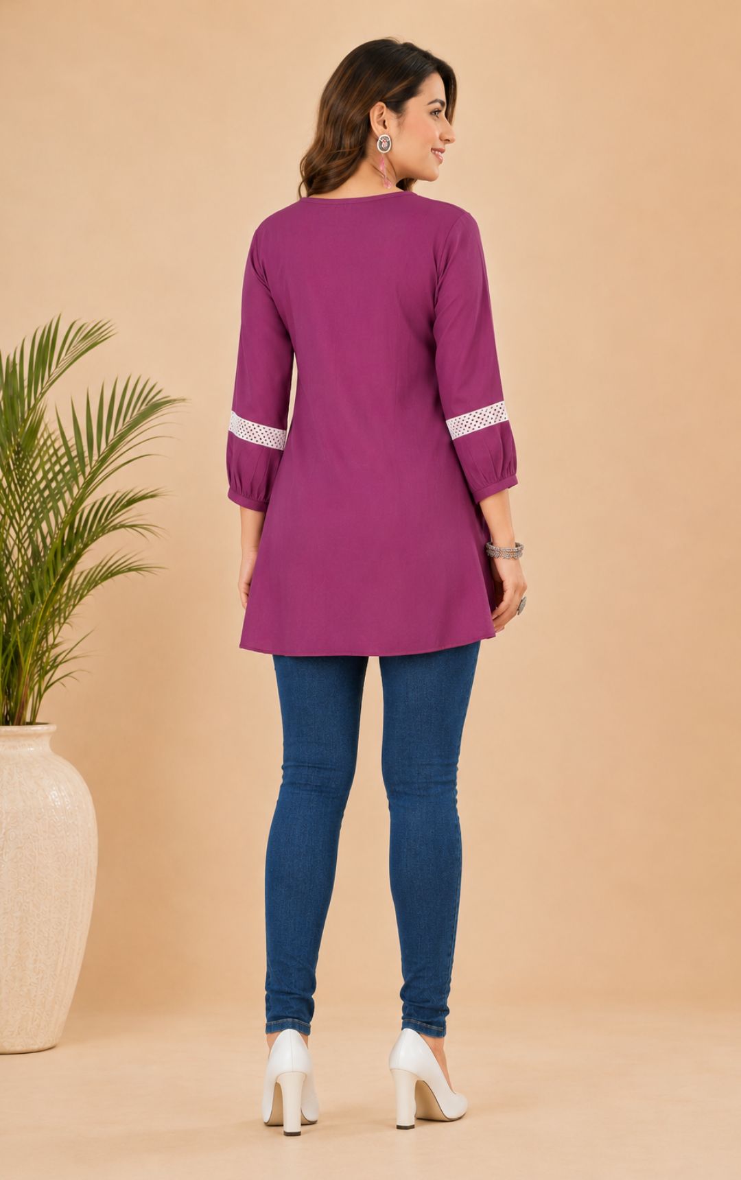 Magenta Purple Pleated Neck Tunic | Regular Fit Casual Top (Short Kurti)