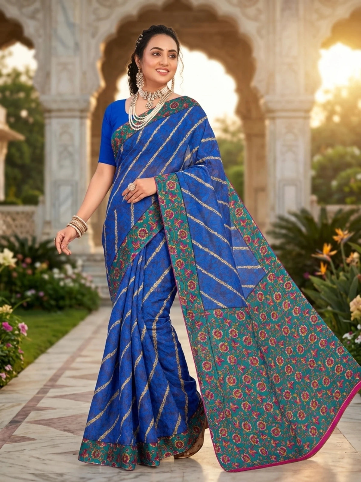 Minu fashions Printed Daily Wear Cotton Blend Saree (Blue)