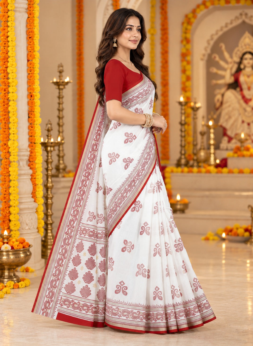 Red & White Bengali Saree for Durga Puja | Traditional Buti Motif Saree with Statement Border