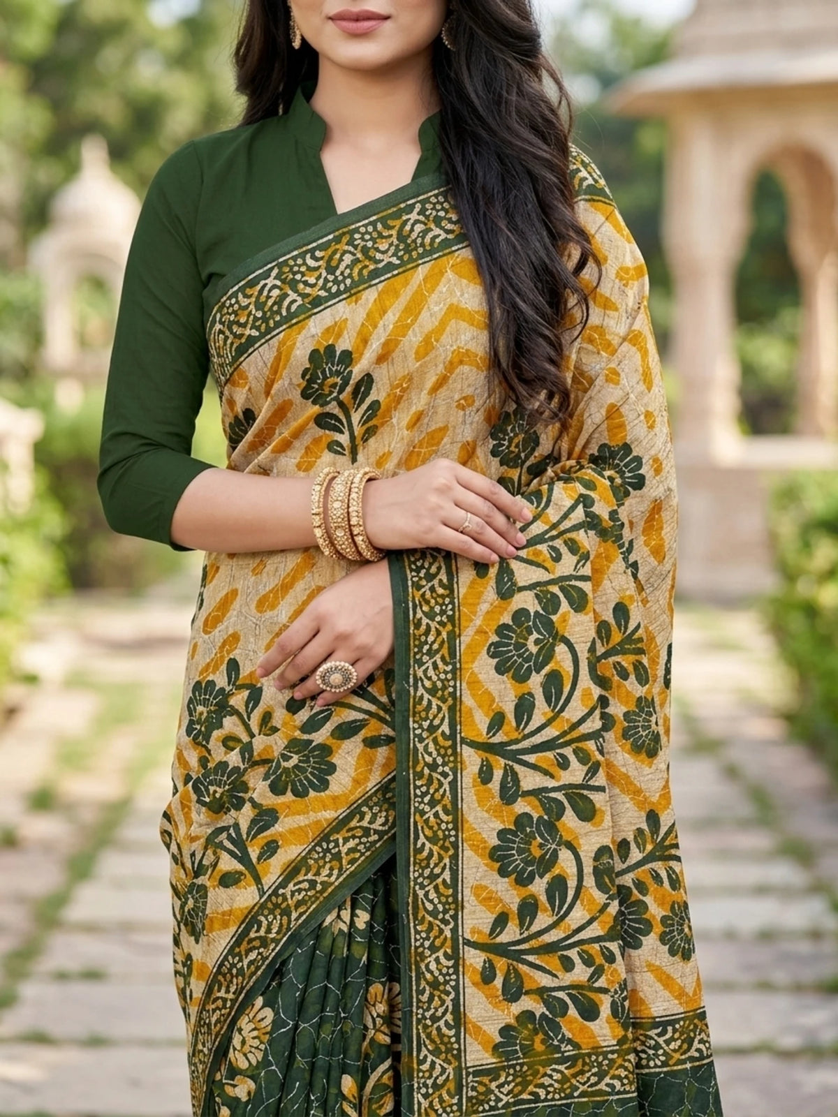 Minu fashions Printed Daily Wear Pure Cotton Saree (Green)